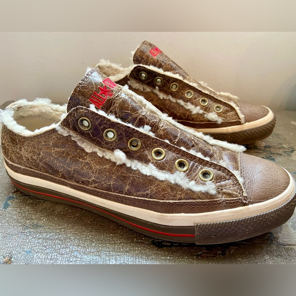 Sherpa Fur Lined Converse All Star Slip On Low Top Brown Leather
